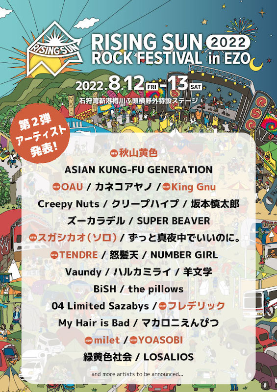 「【RISING SUN ROCK FESTIVAL】第2弾でKing Gnu、スガシカオ、TENDRE、YOASOBIら8組」1枚目/1