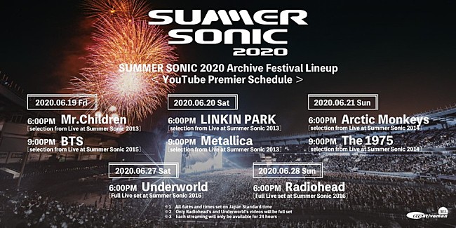 「【SUMMER SONIC】オンラインフェスティバル開催、Mr.Children、BTS、レディオヘッドなどのアーカイブ配信」1枚目/2