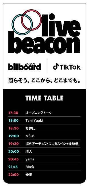 「瑛人/Tani Yuuki/ひらめ/もさを。/yama/優里/Rin音が出演　Billboard JAPANとTikTokによる配信ライブ【LIVE BEACON 2021】タイムテーブル発表」