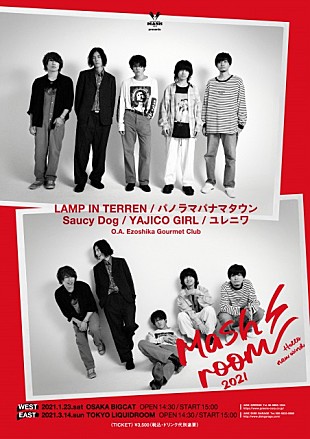 「LAMP IN TERREN/Panorama Panama Town/Saucy Dogなど出演、中止となった【Mashroom 2021】東京公演を3/14にリベンジ開催決定」