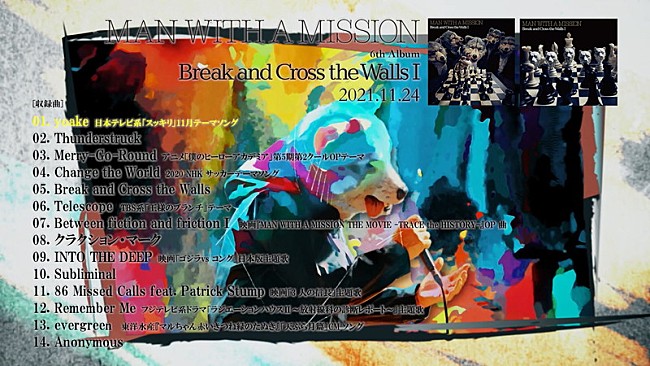 「MAN WITH A MISSION、ニューアルバム『Break and Cross the Walls I』全曲ティーザー映像を公開」1枚目/8