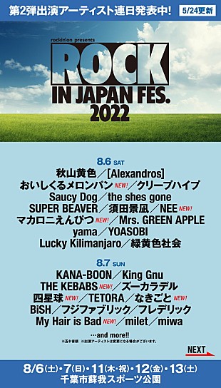 「【ROCK IN JAPAN FES 2022】第2弾にUVERworld／マカえん／ナンバガ／マイヘア／Awichら」