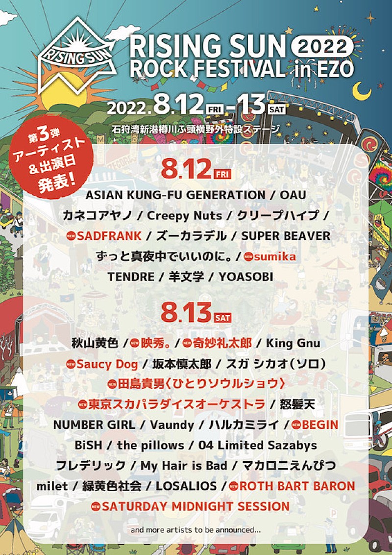【RISING SUN ROCK FESTIVAL 2022】第3弾でスカパラ、田島貴男、BEGIN、sumikaら