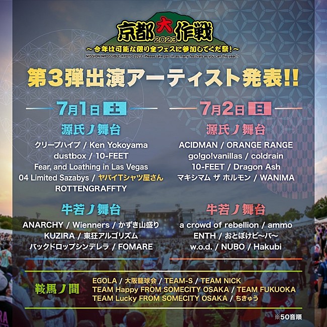 「【京都大作戦2023】ヤバイTシャツ屋さん参戦決定で全出演アーティスト出揃う」1枚目/3
