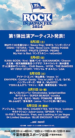 「星野源／サカナクション／LiSAら77組【ROCK IN JAPAN FESTIVAL 2024】第1弾出演アーティスト発表」