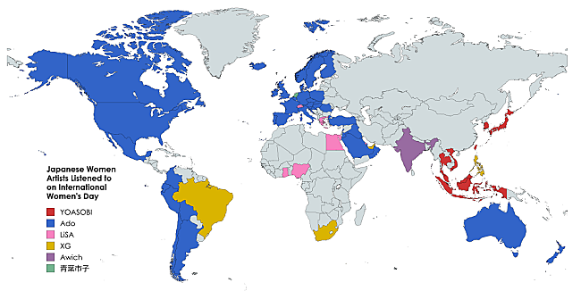「3月8日に各国で最も聴かれた日本の女性アーティストは？」1枚目/1