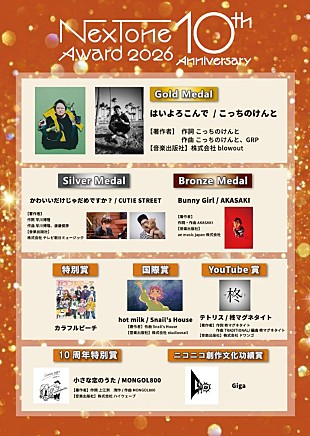 「【NexTone Award 2026】受賞作品／アーティスト発表、 こっちのけんと「はいよろこんで」がGold Medal受賞」